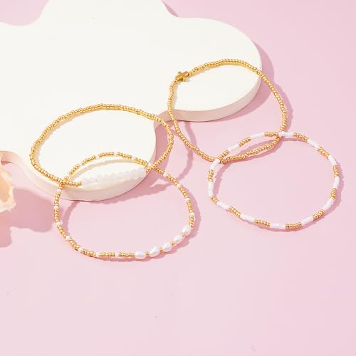 Dainty Gold Plated Pearl Crystal Beaded Bracelets Set for Women 14K Gold Plated Bead Pearl Beads Bracelet Stackable Paperclip Link Chain Bracelets Gold Plated Bracelets for Women Trendy Jewelry - color: Style10-cross pcs