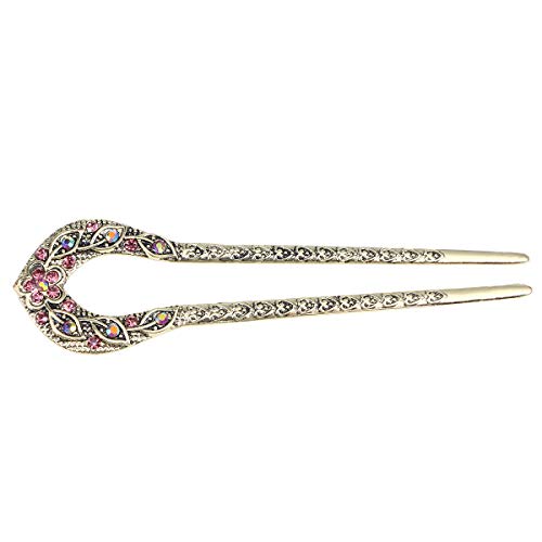 Lurrose Vintage Mental Hair Forks U-Shaped Crystal Chignon HairPin Hair Stick Hairstyle Accessory for Girls (Purple) - color: Purple
