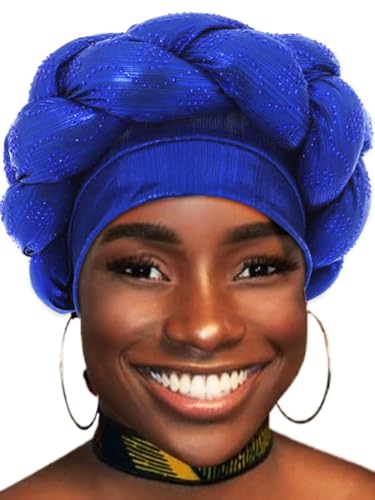 Woeoe African Headwrap Gold Braided Turbans for Women - color: Blue