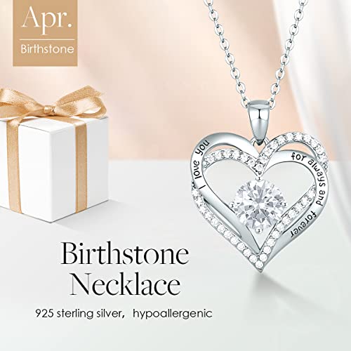 CDE Engraved Forever Love Heart Birthstone Necklace Jewelry Gifts for Women | Hypoallergenic,Nickel-Free & Lead-Free,3 x 3 mm 5A CZ Heart Pendant,Anniversary Christmas Birthday Gift for Girlfriend Wife - color: Birthstone-04-Apr, style: Rhodium Plated-Ste