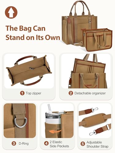 FIORETTO Women’s Canvas Tote Bag Purse with Zipper, Multi Compartment & Reinforced Bottom, Ideal for Work, Bible, Travel - color: Brown, size: Medium, style: Detachable Organizer