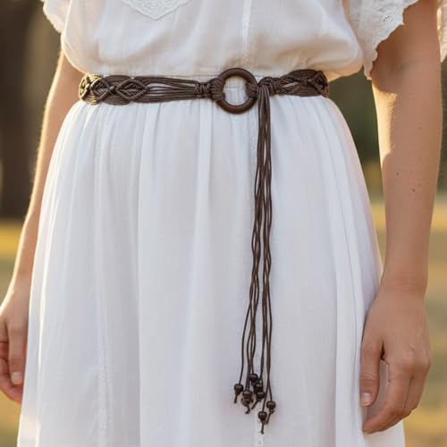 Women's Bohe Rope Braid Waist Belt Bohemian Woven Belt for Women Wooden Beaded Braided Belt Renaissance Rope Wide Belts