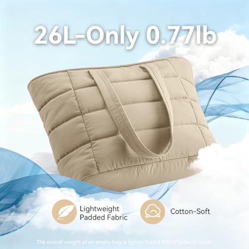 Puffer Tote Bag with Pouch, Women's Lightweight Quilted Shoulder Bag, 15.6"/17.3 Laptop Travel Weekender for Work & Nurses - color: Khaki, size: Large