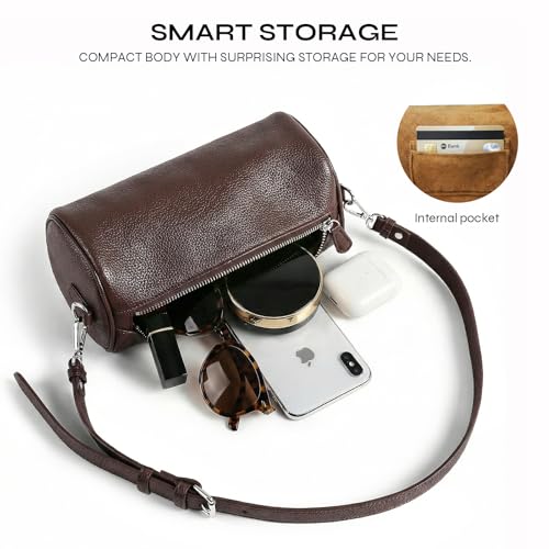 Prite Crossbody Bag for Women Vegan Leather Minimalist Cylinder Shoulder Bag with Adjustable Strap Soft Barrel Purse - color: Coffee