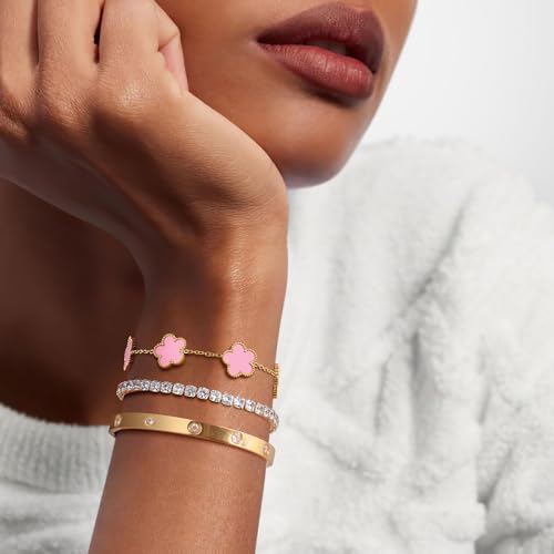 Womens Stackable Floral Gold Bracelets - 3Pcs 18K Gold Plated Bracelet,Stainless Steel Bangle Bracelets Non Tarnish, Gold Bracelet Set Trendy Jewelry,Christmas Valentines Birthday Gifts for Girlfriend - color: Pink