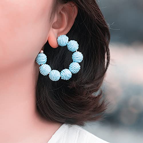 Raffia Hoop Earrings Statement Boho Beaded Earrings Cute Rattan Handmade Colorful Jewelry for Women Unique Summer Outfits - color: Light Blue