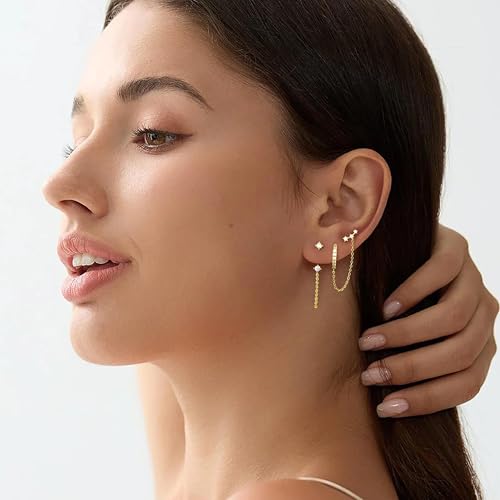 3 Pairs Dainty Small 4th of July Earrings for Women Trendy, Birthstone Stud Huggie Hoop Jacket Stack for Cartilage Helix, Gold Plated Hypoallergenic Cute Women Fashion Accessories Western Jewelry Gifts - color: Gold Plated Chain