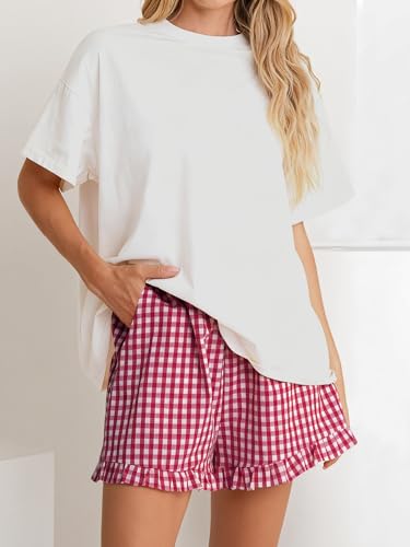 ANRABESS Boxer Shorts for Women,Gingham Plaid Elastic Waist Ruffle,Perfect for Lounge,Pajama&Sleep,Cute Casual Summer Bottoms - color: Red White Plaid, size: Large
