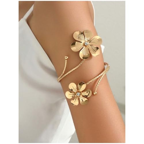 Gold Arm Cuff Bracelet Adjustable Upper Arm Cuff Bangle Butterfly Flower Bracelet Summer Beach Essentials Jewelry for Wome - style: gold flower