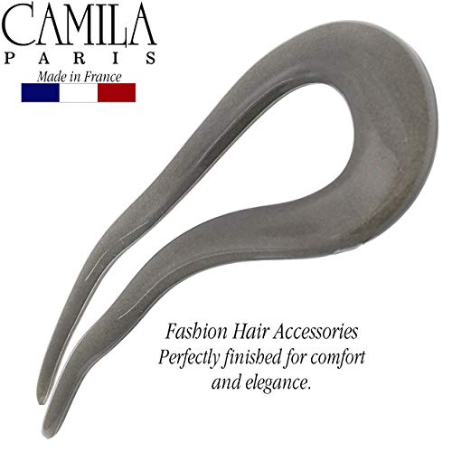 Camila Paris CP3077 French Twist Stick Clip Pins, Gray, Wavy Hair Pin U-Shaped Hair Fork for Girls Spiral Updo Chignon Bun Holder, Fashion Flexible Styling Hair Accessories for Women, Made in France - color: 2-Prong Gray