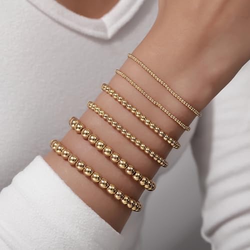 Gold Bracelets for Women 14K Gold Plated Beaded Non Tarnish Bracelets Stretch Bead Ball Bracelet Stack Set Jewelry for Gifts - color: D SET 6PC