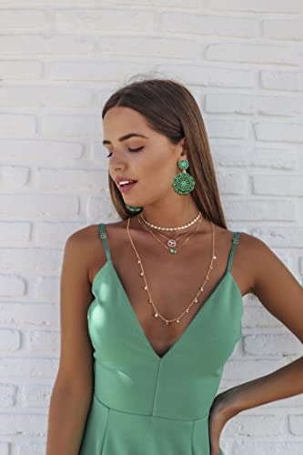Statement Beaded Drop Earrings for Women Layered Bead Dangle Earrings - color: Green bead 22