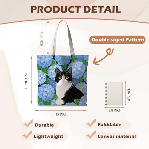 Preppy Animal Tote Bag, Pet Canvas Tote Bag, Reusable Grocery Shopping Shoulder Bags - color: Floral Cat