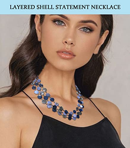 Noessla Layered Beaded Chunky Necklace for Women Boho Two-color Shell Statement Necklace Fashion Collar Costume Jewelry Gifts for Mum - color: Blue