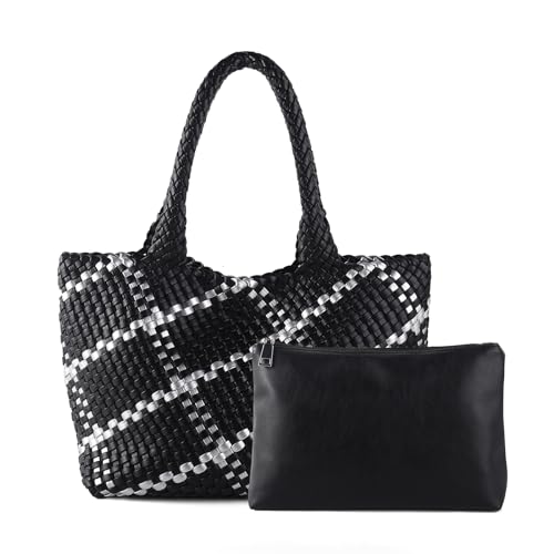 Woven Tote Bag Womens Purse Vegan Leather Shoulder Handbags Fashion Summer Beach Tote Bags Large Travel Totes - color: Black-s