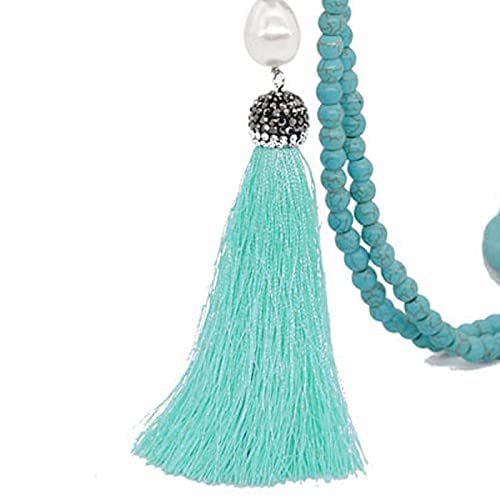 Handmade Multicolor Long Tassel Fringe Pendant Necklace Turquoise Pearl Crystal Mala Beads Necklace for Women Ethnic Boho Prayer Jewelry - color: blue green