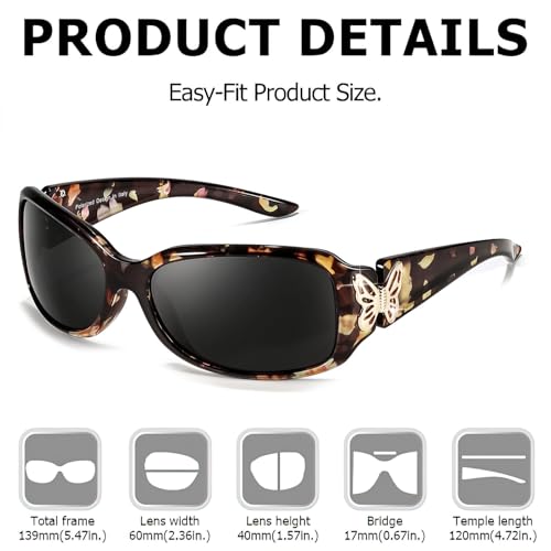 TJUTR Polarized Sunglasses for Women with Wrap Around Butterfly Design, Trendy Jackie-O Style for UV400 Protection - color: A74 Brown Floral Frame Grey Lenses
