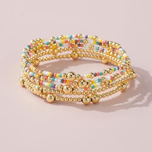 14K Gold Plated Beaded Bracelets Stack Set for Women,Stretch Boho Colorful Beads Ball Jewelry Friendship Summer Trendy - color: Colorful Pink