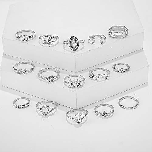 15 Piece Vintage Rhinestone Knuckle Ring Sets.Silver Leaf Pattern Crystal Stackable Ring Joint Nail Ring Midi Finger Ring for Women (Silver)