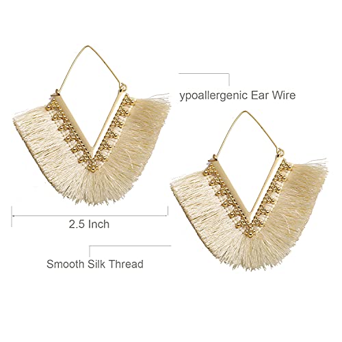 Tassel Hoop Earring Statement Thread Dangle Earrings Stylish Long Fringe Drop Earrings Lightweight Long Swingy French Hook Earrings for Women - color: A White