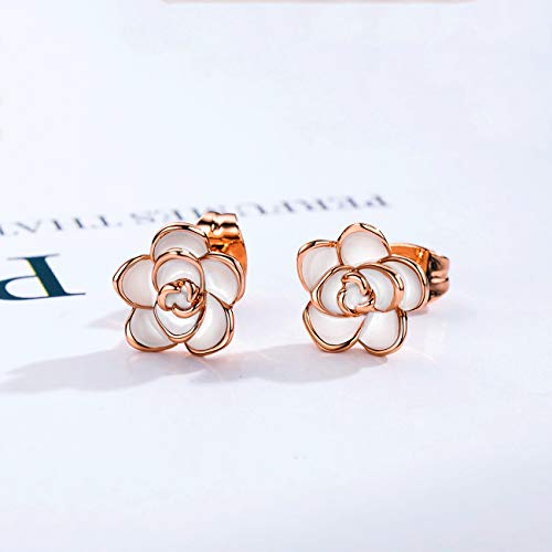 AllenCOCO Rose Flower Stud Earrings for Women Sensitive Ears, Hypoallergenic Cute Gold And Silver Rose Flower Earrings Studs for Women Nickel Free - color: White flower/Rose gold, size: 0.47