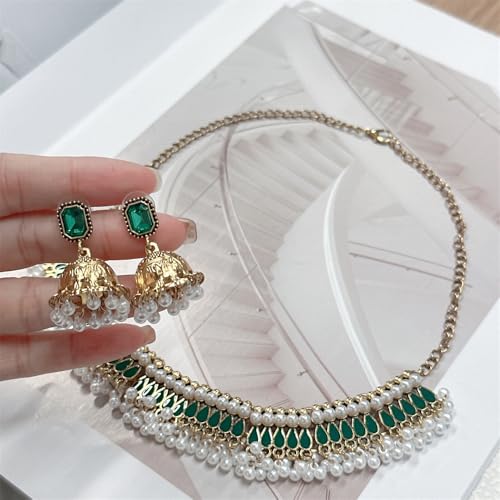 Bohemian Jhumka Earring Necklace Set for Women Bride Wedding Bollywood Crystal Pearl Beaded Antique Gold-Tone Indian Bell Jhumki Dangle Earrings Choker Necklace Ethnic Festive Party Wear Jewelry - color: Green