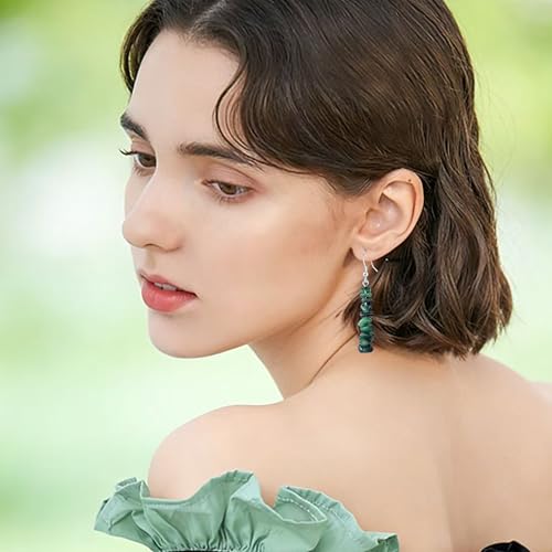 Handmade Bohemian Vintage Silver Nature Stone Beads Long Dangle Drop Earrings for Women - color: Black Green