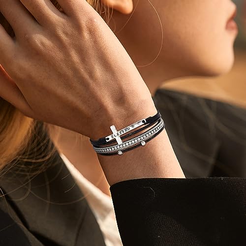 Fesciory Leopard Bracelet for Women, Boho Leather Wrap Multi-Layer Pearl Crystal Bracelet Bangle Jewelry - style: Blessed Cross(Black)
