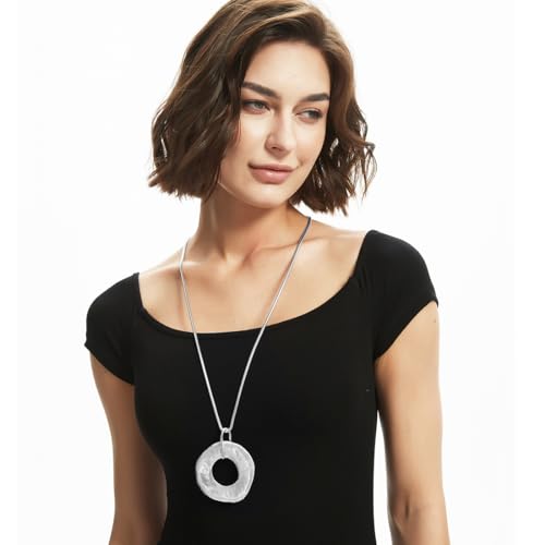 Large Water-Drop Oval Pendant Long Necklace, Long Sweater Chain Y-Necklace for Women (Silver)