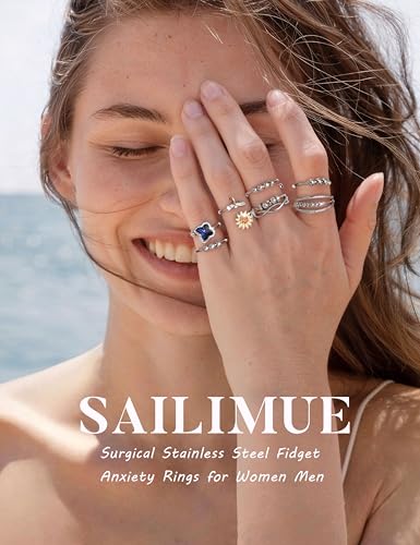 sailimue Anxiety Ring Fidget Ring for Women Men Spinner Fidget Rings for Anti Anxiety Adjustable Open CZ Flower Bead Stress Relieving Spinning Rotatable Rings 9 Pcs - color: Silver