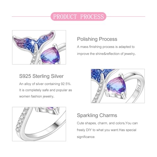 PARCOM Adjustable Women Stackable Ring, 925 Sterling Silver Open Rings - Trendy Eternity Cubic Zirconia Stackable Band Engagement Promise Ring for Her, Hypoallergenic Non Tarnish Nature Bird Floral Thumb Rings - color: Mermaid Princess