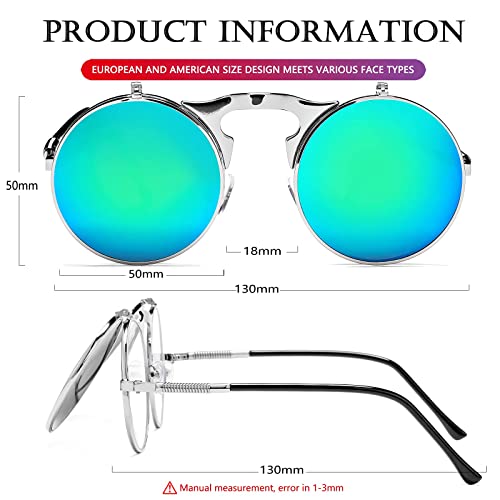 AIEYEZO Round Flip Up Sunglasses for Men and Women Rave Flip Glasses 90's Retro Steampunk Style - color: Silver/Green Mirror