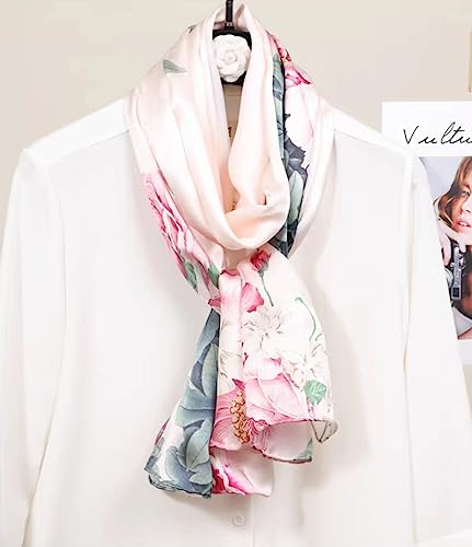 ANDANTINO 100% Silk Long Scarf-Women Large Oblong Shawls with Gift Packed - color: Pale Pink Flowers