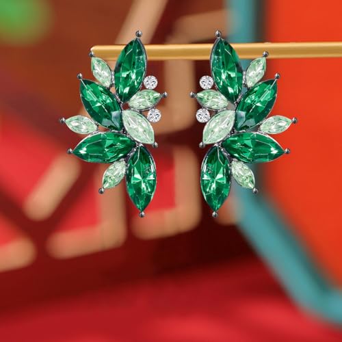 Bohemian Statement Sparkly Colourful Fancy Rhinestone Crystal Flower Dangle Drop Stud Earrings Vintage Wedding Bridal Prom Earrings for Women - color: Light Green