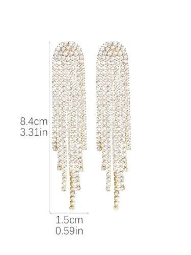 Rhinestone Tassel Earrings Sparkly Long Fringe Crystal Chandelier Dangle Drop Earrings Wedding Party Prom Earrings Premium Iridescent Earrings Wedding Party Jewelry Gifts for Women - color: Gold