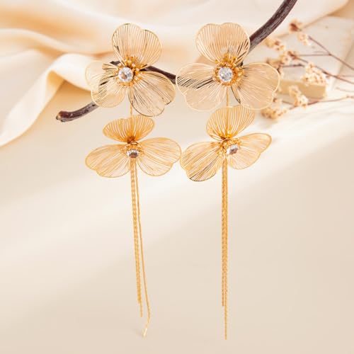 Boho Gold Flower Drop Dangle Earrings for Women Rhinestone Floral Leaf Chandelier Earring Layered Long Tassel Statement Floral Earring Prom Brides Wedding Party Fashion Jewelry Accessary - color: Gold
