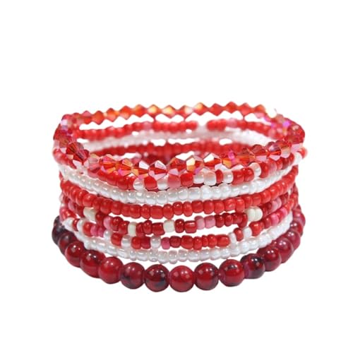 Pingyongchang Boho Colorful Beads Stackable Bracelets Set for Women Handmade Multicolor Seed Crystal Layered Stretch Bracelets Retro Country Holiday Beach Trendy Jewelry Gifts - color: Red