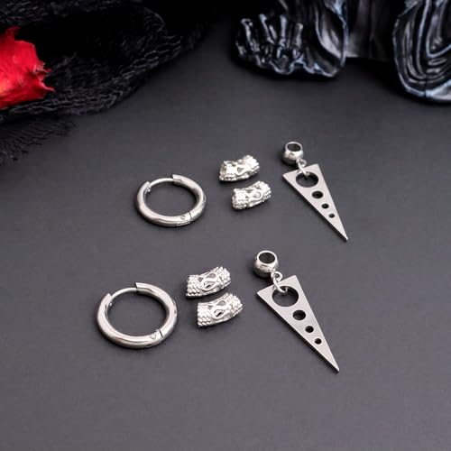 Sonateomber Gothic Silver Black Small Hoop Earrings for Women Men, Punk Hip Hop Engrave Beaded Goth Dangle Drop Earings Halloween Costumes Accessories Prom Fashion Jewelry Gift - color: Silver Triangle