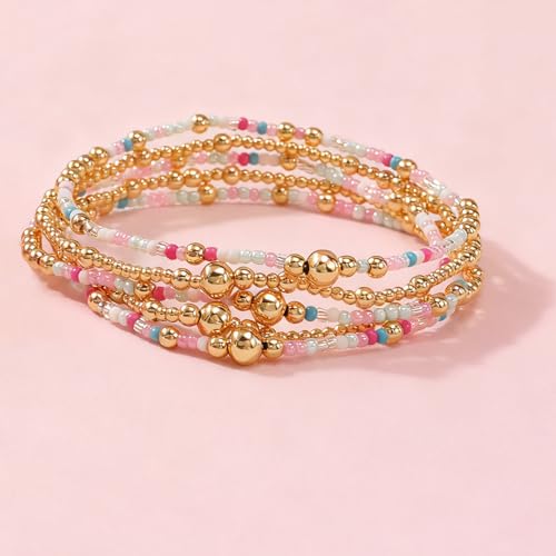 14K Gold Beaded Ball Stackable Bracelets for Women,Bohemian Stretch Colorful Seed Beads Bracelet Stack Fashion Holiday Jewelry Gift Friendship - color: White