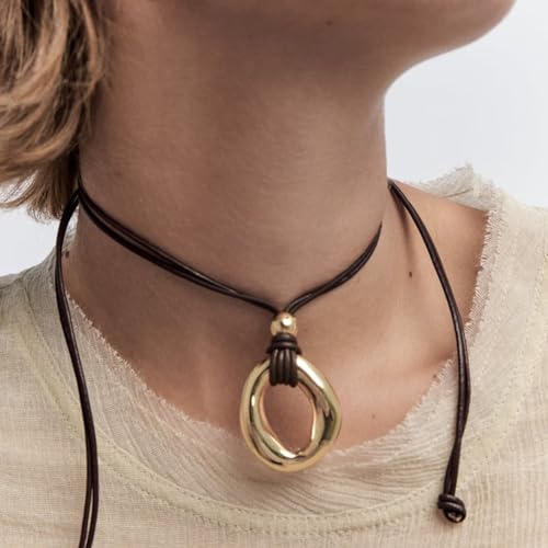 GIGB PBDK Chunky Gold Choker Necklace for Women,Dainty 14K Gold Geometric Hollow Circle Round Pendant Necklace Black Leather Rope Collar Necklace Gifts - color: Gold