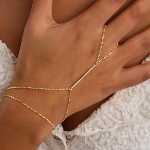Gold Bracelets for Women Trendy, Dainty Gold Hand Chain Bracelets Stackable 14k Gold Plated Finger Ring Bracelet Hand Chain Cz Flower Layered Link Bracelets for Women Non Tarnish Jewelry Gifts - style: cz layered hand chain bracelet-gold