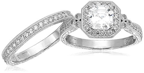 Amazon Essentials Platinum or Gold Plated Sterling Silver Antique Ring set with Asscher-Cut Infinite Elements Cubic Zirconia - color: White Zircon/Platinum, size: 5