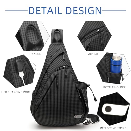 TurnWay Water-Proof Sling bag/Crossbody Backpack/Shoulder Bag with USB Charging Port for Travel, Hiking, Cycling, Camping - color: Black Grid
