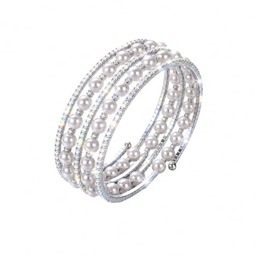 Pearl Rhinestone Stretch Cuff Bracelet for Women Adjustable | Perfect for vintage weddings parties vacations and everyday wear - color: SilverA+