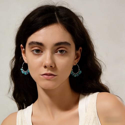 Boho Earrings for Women Natural Stone Beaded Handmade Vintage Dangle Earrings Bohemian Lightweight Hypoallergenic Jewelry for Dailywear Festival Occasions - color: Turquoise hoop
