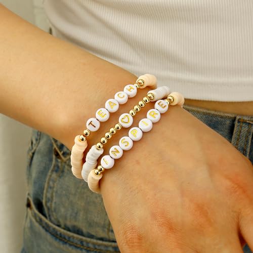 Elegance 11 designs Heishi Beaded Bracelets For Women Polymer Clay Colorful Surfer Stackable Beads Boho Bracelet Summer Beach Jewelry - color: Teacher-Pink