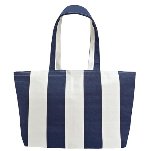 Large Canvas Tote Bag-Extra Big Shopping Beach Totes Bags Reusable Largest Grocery Plain Solid Bag 28"x8"x16" - color: Blue White Stripe