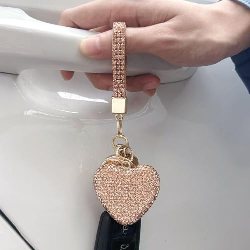 Keychain for Women Girls Bling Heart/Star/Strawberry Key Chain Accessories for Key/Backpack Bag Charm - color: Champagne Heart