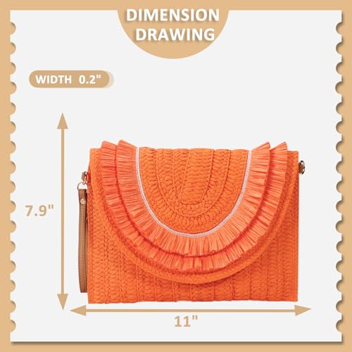 Crossbody Bags for Women, Straw Clutch Purses, Bohemian Handmade Woven Envelope Package, Tassel Handbags for Women | Bohemian - color: Orange