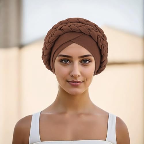African Women Turban Caps Pre-Tied Twisted Turbans Head Scarf for Women Hair Wraps Cover Beanie Cancer Chemo Headwear - color: 1 Pack Double Twisted Braid A: Coffee